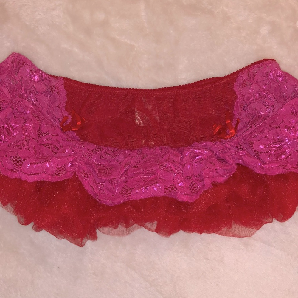 NWT Raveware Lingerie Red Mesh & Pink Lace Toole Ruffle Booty Skirt - Size Small